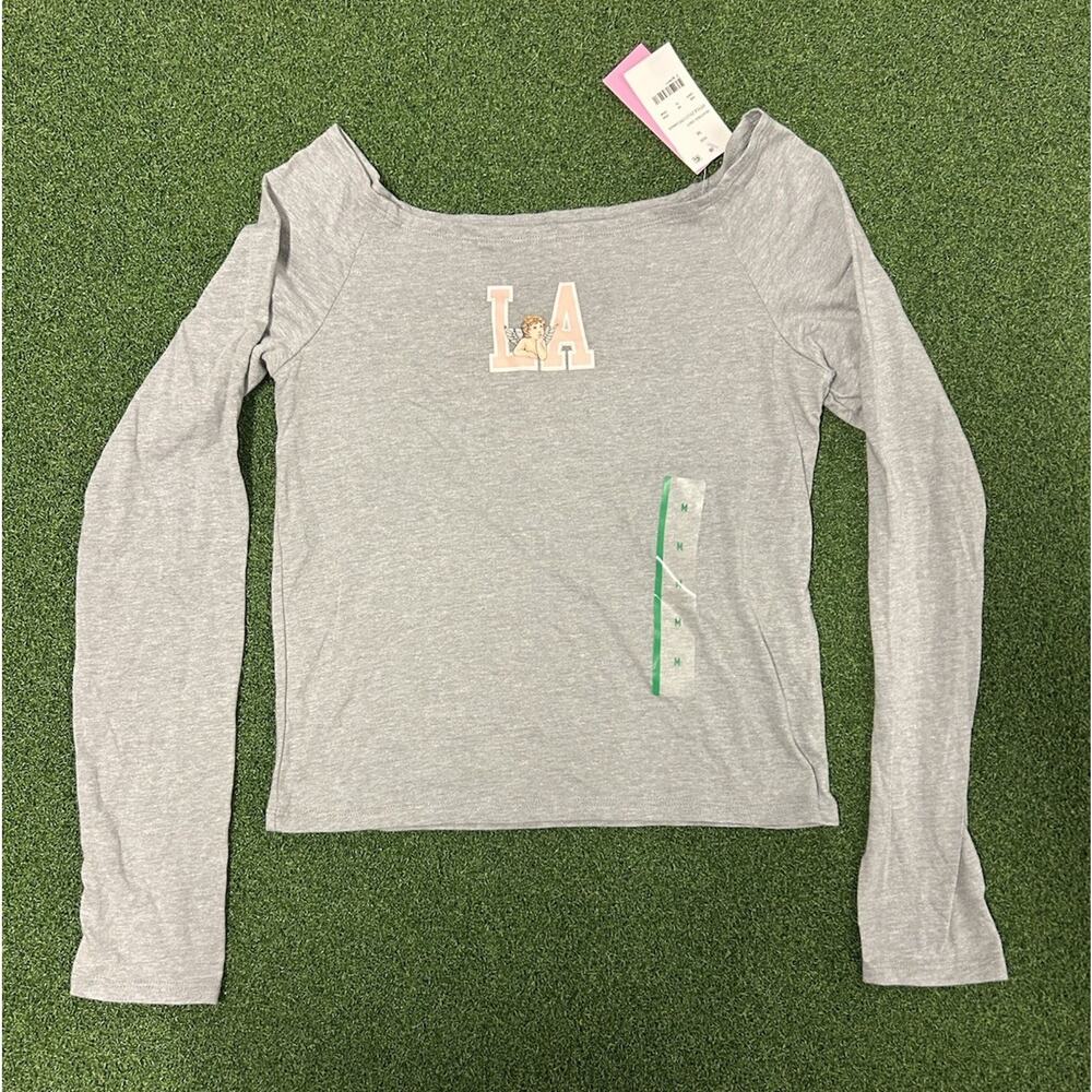 Modern Lux Graphic Tee Shirt Womens Medium Gray LA Cupid Long Sleeve Fashionable
